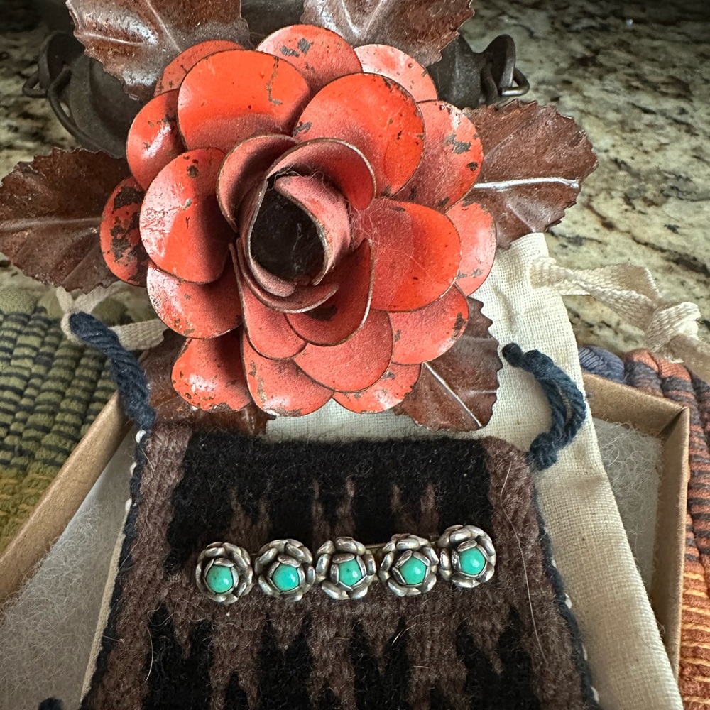 Turquoise and Silver Floral Brooch